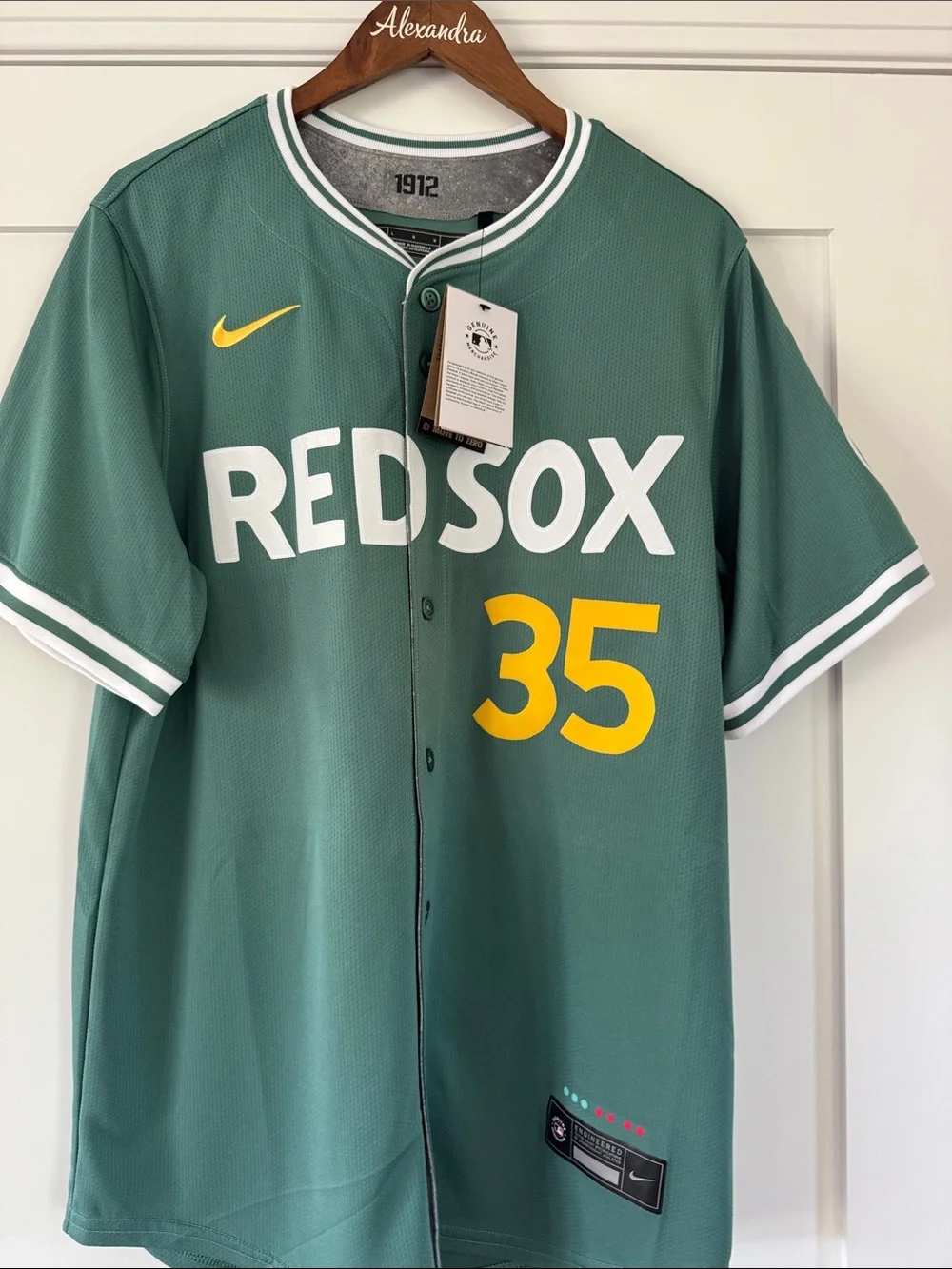 Nike Green Boston Red Sox #35 Jersey with Yellow Accents